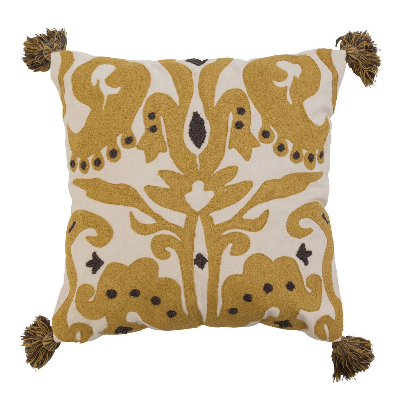 Hello Honey® Cream & Mustard Embroidered Pillow Cover with Tassels